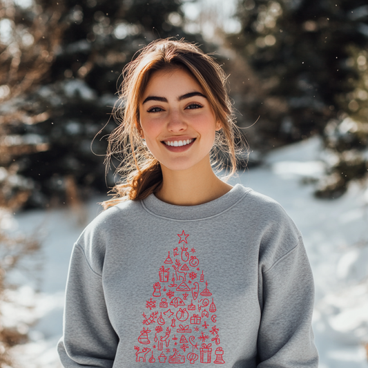 Woman wearing a "Holiday Doodle Tree-Red" crewneck with a minimalist red Christmas tree design made of festive doodles, ideal for winter celebrations and holiday gatherings