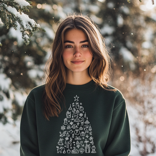 Woman wearing a "Holiday Doodle Tree-White" crewneck with a minimalist white Christmas tree design made of festive doodles, perfect for holiday gatherings and cozy winter vibes.